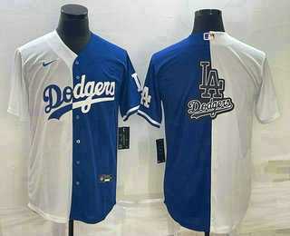 Mens Los Angeles Dodgers White Blue Split Team Big Logo Cool Base Stitched Baseball Jersey